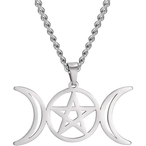 Collier Avec Amulette Triple Lune Et Pentagramme Wicca En Acier