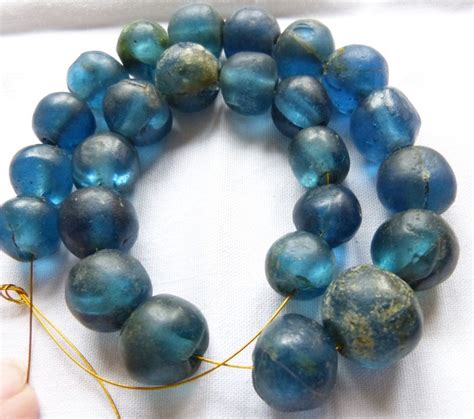 25 Rare Ancient Round Roman Blue Glass Beads Excavated In Mali