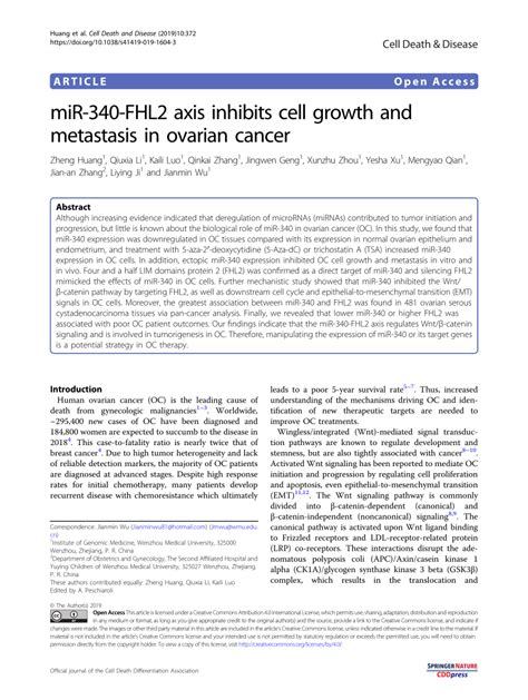 PDF MiR 340 FHL2 Axis Inhibits Cell Growth And Metastasis In Ovarian