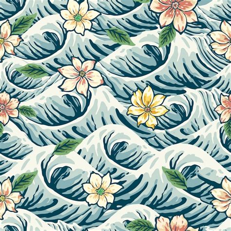 Premium Vector Japanese Curl Storm Wave And Flowers Vintage Style