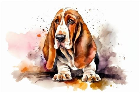 Basset Hound Adorável Cachorrinho Ilustração Em Aquarela Com Manchas De