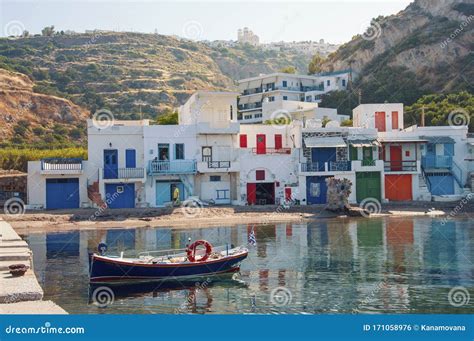 Syrmata Colorful Fishermans Houses at Milos Island in Greece Stock ...