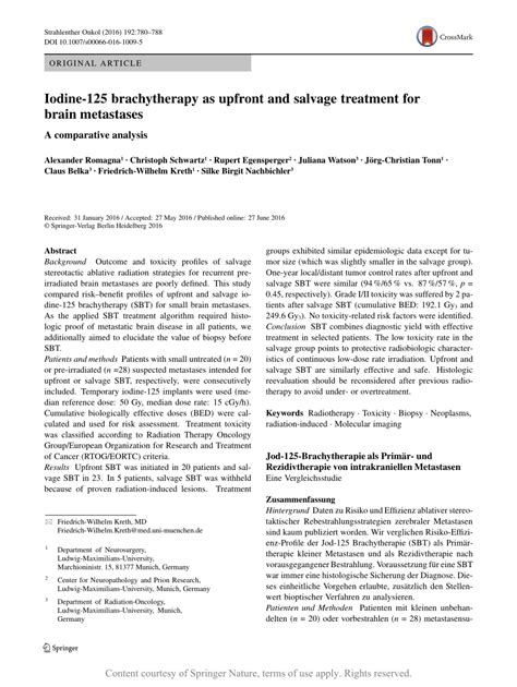 Iodine 125 Brachytherapy As Upfront And Salvage Treatment For Brain Metastases A Comparative