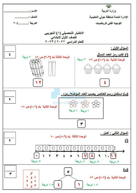 نموذج إجابة الاختبار التحصيلي التجريبي الأول التوجيه الفني للرياضيات