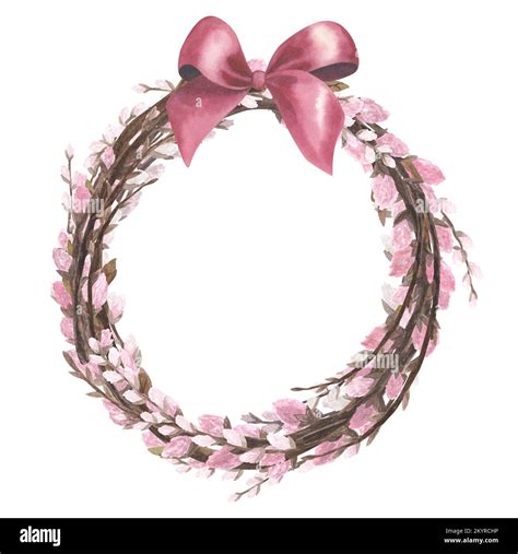 Willow Wreath Watercolor With Pink Pussy Willow Twigs Green Leaves And Bow Isolated On White