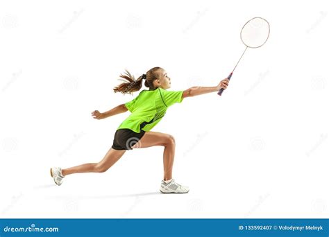 One Caucasian Young Teenager Girl Woman Playing Badminton Player