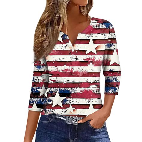 Mohiass Independence Day 3 4 Sleeve Shirts For Women USA Flag Print