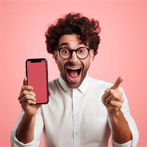 Premium Ai Image Person With Excited Expression Pointing To Phone Mockup