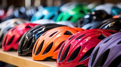 Premium Photo | A photo of a lineup of colorful cycling helmets