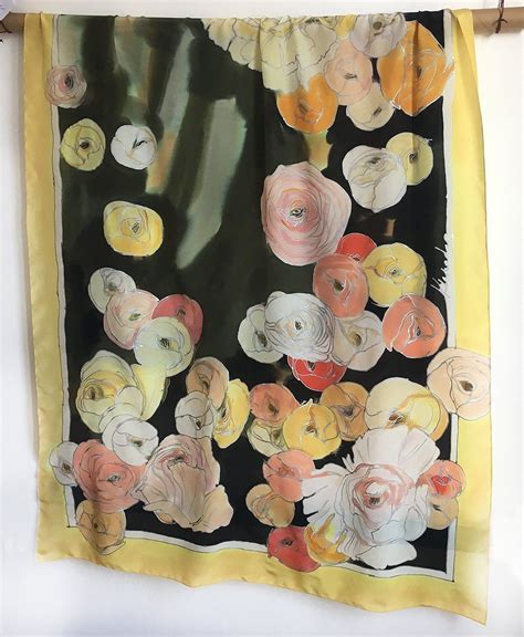 100 Silk Scarf For Women Peachy Ranunculus Hand Painted Etsy Hand