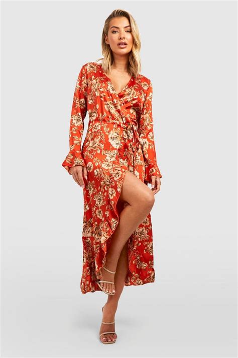 Satin Floral Ruffle Wrap Midi Dress Boohoo Uk