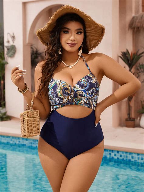 SHEIN Swim BohoFeel Women S Plus Size Paisley Print Hollow Out Monokini