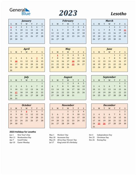 2023 Lesotho Calendar With Sunday Start