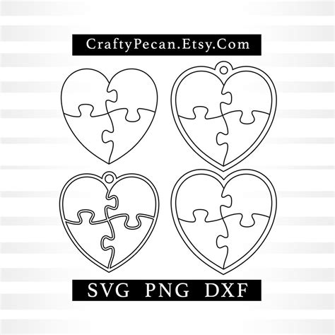 Heart Puzzle Svg, 4 Piece Puzzle Template Svg Files, Heart Puzzle Pendant Pattern Laser Cutting ...