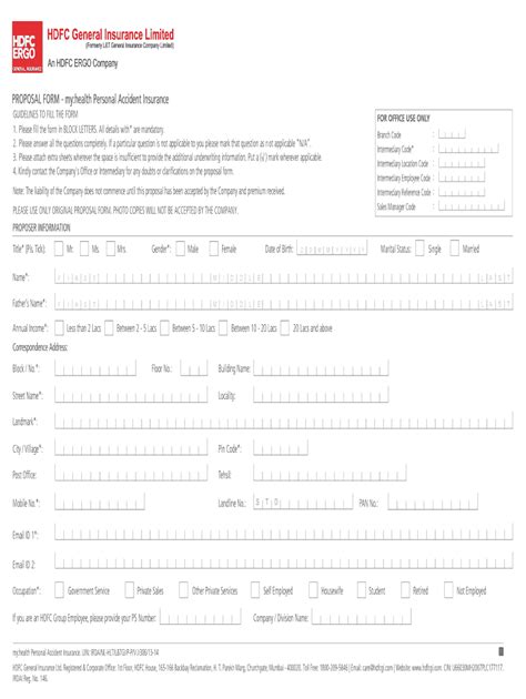 Fillable Online Proposal Form My Health Personal Accident Fax