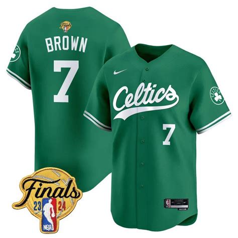 Men S Boston Celtics 7 Jaylen Brown 2024 Finals Icon Green Baseball Jersey