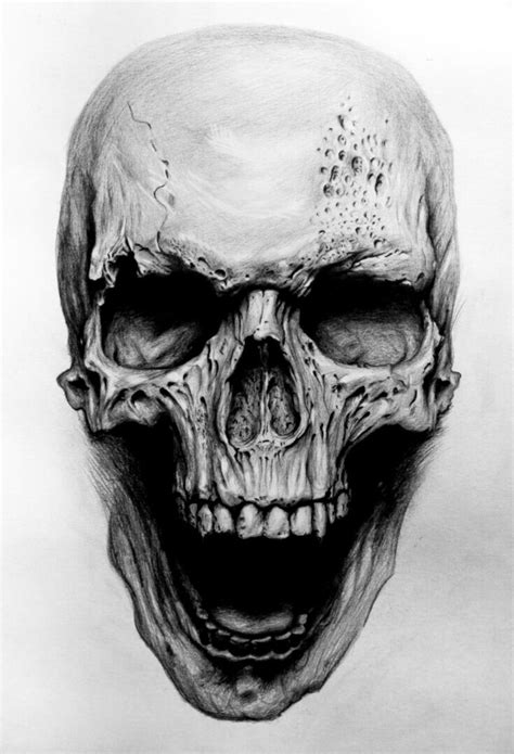 A Pencil Drawing Of A Skull With Its Mouth Open And Eyes Closed