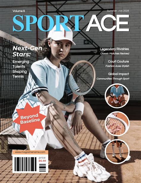 Portada De Revista Deportiva De Tenis Azul Suave Moderno Venngage