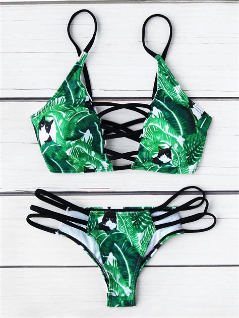 Leaf Print Criss Cross Bikini Set Shein Sheinside