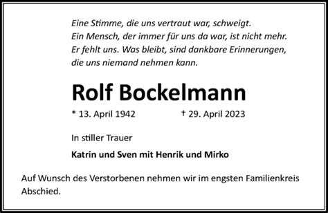 Traueranzeigen Von Rolf Bockelmann Trauer Anzeigen De