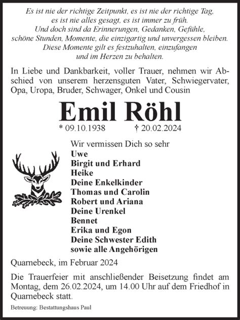 Traueranzeigen von Emil Röhl abschied nehmen de