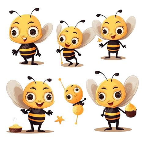 Cartoon Cute Bee Mascot Set With Different Poses Holding Honey Dipper