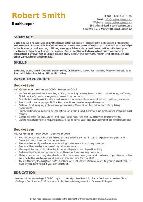 Bookkeeper Resume Samples Qwikresume