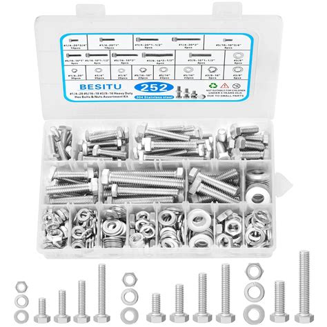 Besitu 252Pcs Hex Bolts And Nuts Assortment Kit 1 4 20 5 16 18 3 8