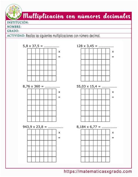 Fichas con ejercicios de multiplicación de números decimales