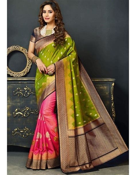 Green And Pink Banglori Silk Saree Saree Silk Sarees Indian Sarees