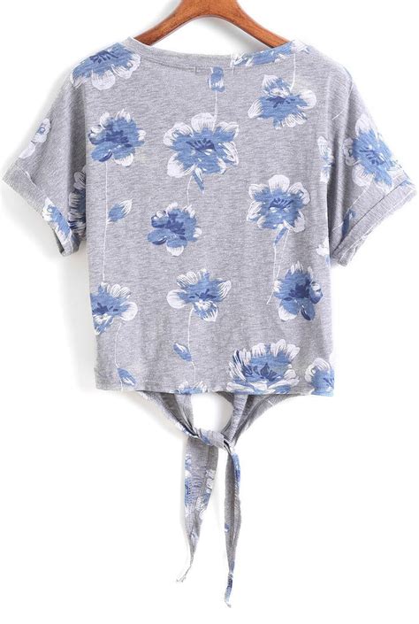 Grey Short Sleeve Floral Knotted T Shirt Shein Sheinside