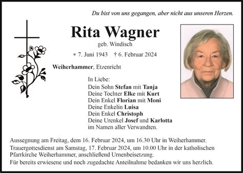 Traueranzeige Rita Wagner Weiherhammer Oberpfalzecho