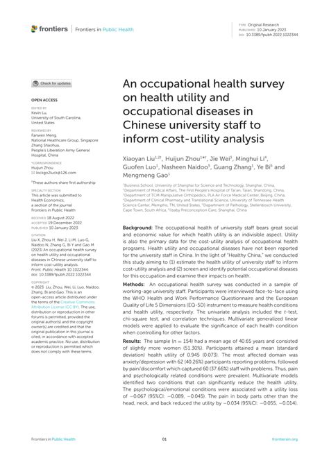 Pdf An Occupational Health Survey On Health Utility And Occupational