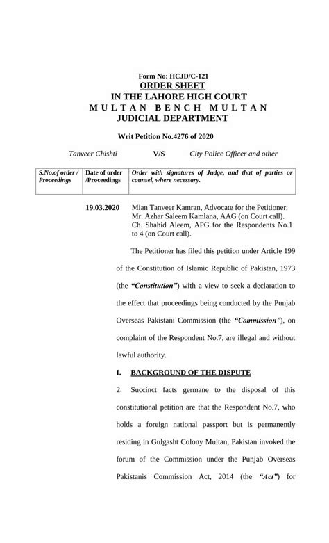 PDF Form No HCJD C 121 ORDER SHEET IN THE LAHORE HIGH COURT Opc Lhc