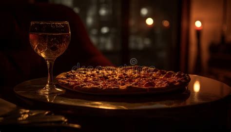 Close Up Of Gourmet Pizza And Wineglass On Wooden Table Indoors