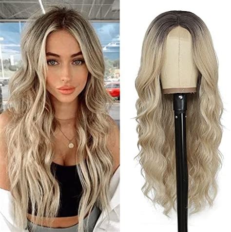 Xixibi Blonde Wigs For Women Long Ombre Blonde Wavy Wig With Dark Roots 26 Inch