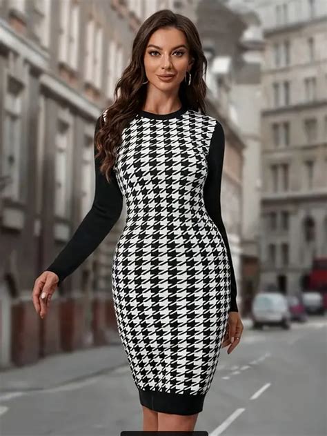 Houndstooth Print Crew Neck Long Sleeve Dress Elegant Slim Hollow