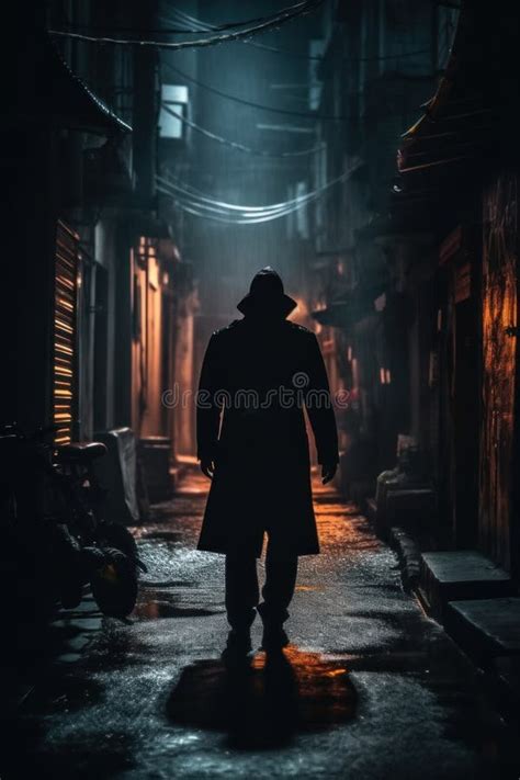 A Man Walking Down A Dark Alley Way Generative Ai Image Stock