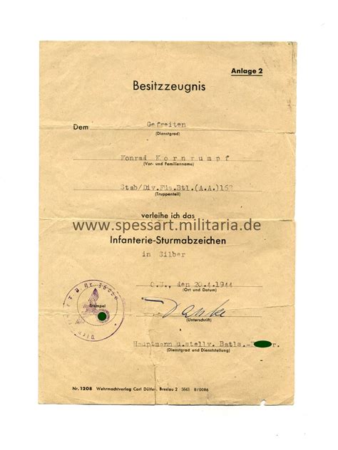 Urkunde Infanterie Sturmabzeichen Silber Stab Div F S Btl A A