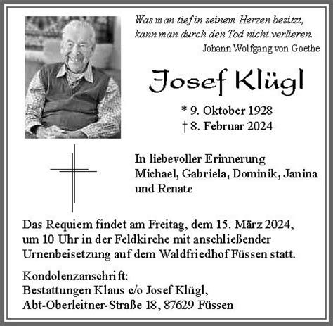 Erinnerung an Josef Klügl Trauerportal Bestattungen Thomas Klaus