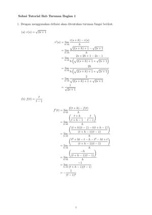 Tutor 1 Kalkulus 1 Solusi Tutorial Bab Pendahuluan Dan Fungsi A