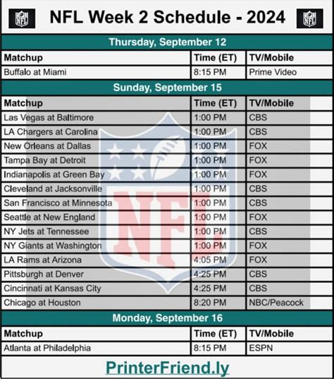 Printable Nfl Week Schedule Tv Broadcasts And Matchups Printerfriendly