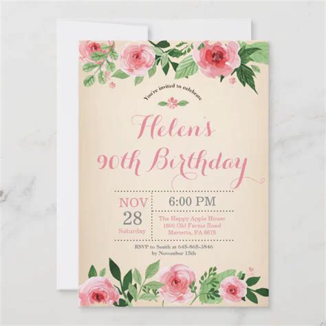 Floral 90th Birthday Invitation Pink Watercolor Zazzle