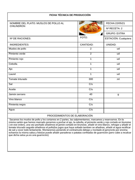 Ficha Tecnica De Reproduccionmuslos De Pollo Al Chilindron Pdf