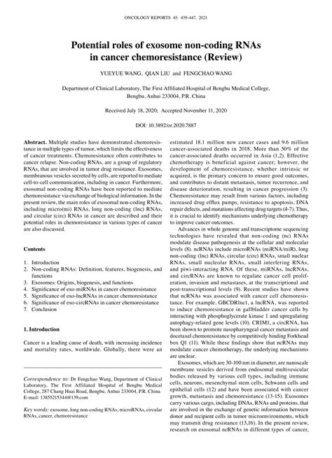 Pdf Potential Roles Of Exosome Non‑coding Rnas In Cancer