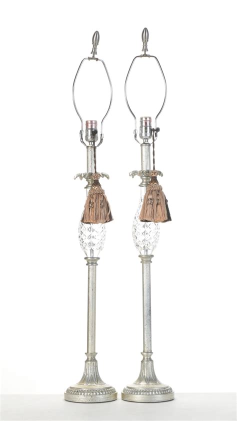 Pair Of Brushed Silver And Pressed Glass Table Lamps With Decorator Tassels Ebth