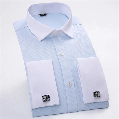 Mens Dress Shirts French Cuff Blue White Long Sleeved Business Casual Shirt Slim Fit Solid