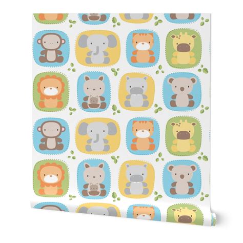 XL animal babies blues - jungle baby Wallpaper | Spoonflower