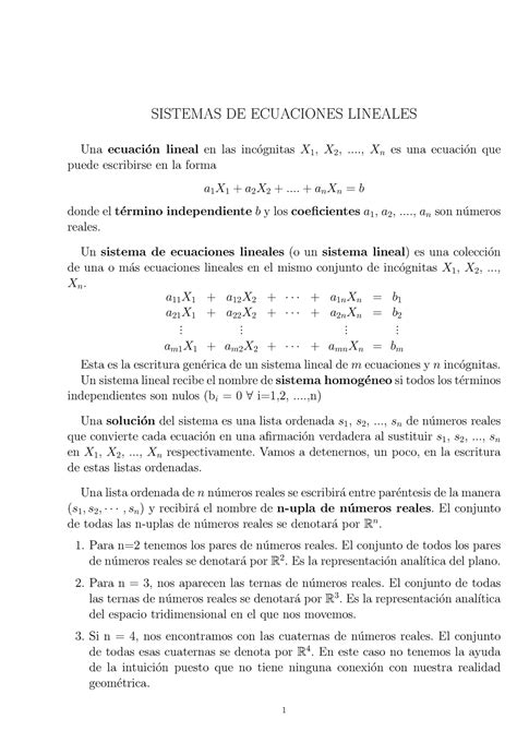 Tema Sistemas Resumen Tema Sistemas De Ecuaciones Lineales Una