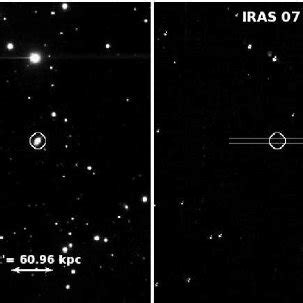 R band left and continuum subtracted H α right images of IRAS